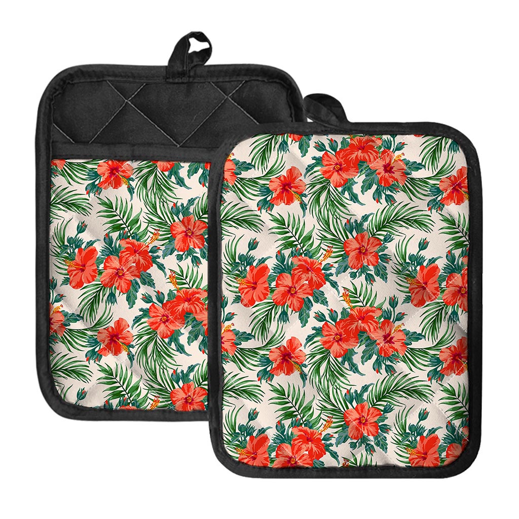 Tropical Hibiscus Blossom Pattern Print Pot Holders With Pocket