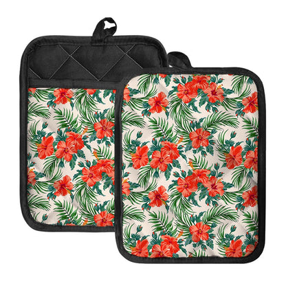 Tropical Hibiscus Blossom Pattern Print Pot Holders With Pocket
