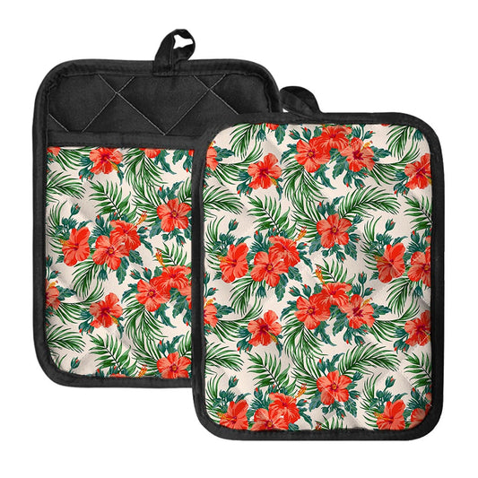 Tropical Hibiscus Blossom Pattern Print Pot Holders With Pocket