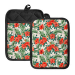 Tropical Hibiscus Blossom Pattern Print Pot Holders With Pocket