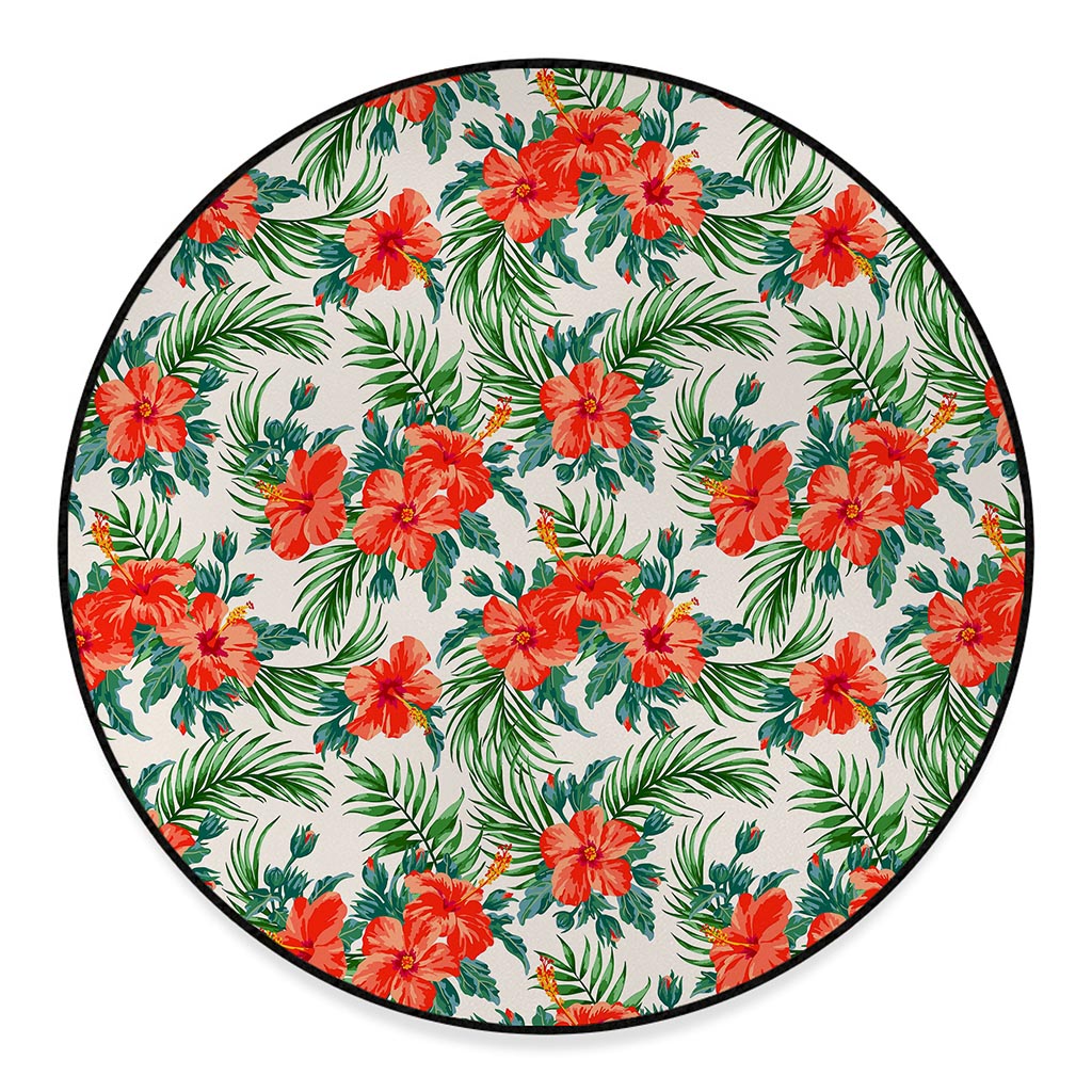 Tropical Hibiscus Blossom Pattern Print Round Floor Mat