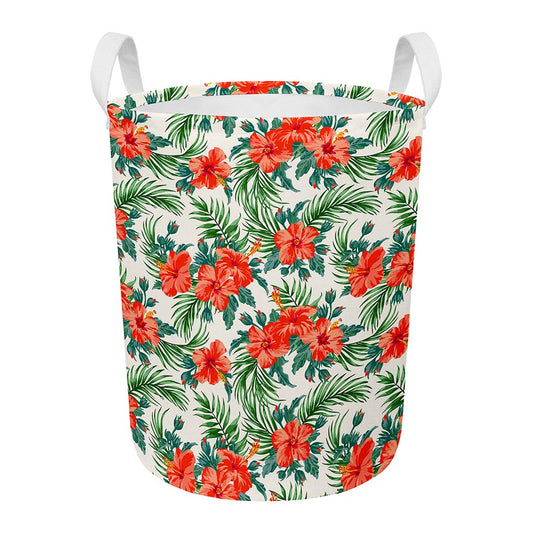 Tropical Hibiscus Blossom Pattern Print Round Laundry Basket