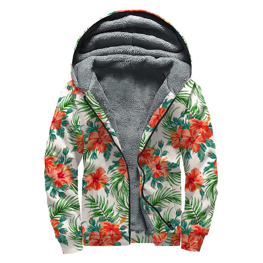 Tropical Hibiscus Blossom Pattern Print Sherpa Lined Zip Up Hoodie