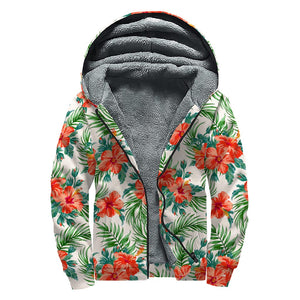 Tropical Hibiscus Blossom Pattern Print Sherpa Lined Zip Up Hoodie