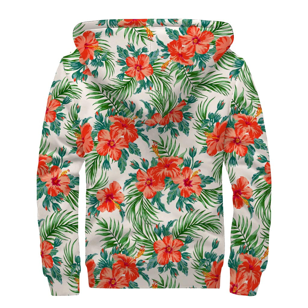 Tropical Hibiscus Blossom Pattern Print Sherpa Lined Zip Up Hoodie
