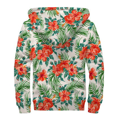 Tropical Hibiscus Blossom Pattern Print Sherpa Lined Zip Up Hoodie