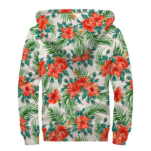 Tropical Hibiscus Blossom Pattern Print Sherpa Lined Zip Up Hoodie