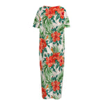 Tropical Hibiscus Blossom Pattern Print Short Sleeve Long Nightdress
