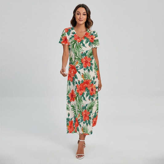 Tropical Hibiscus Blossom Pattern Print Short Sleeve Maxi Dress