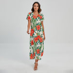 Tropical Hibiscus Blossom Pattern Print Short Sleeve Maxi Dress