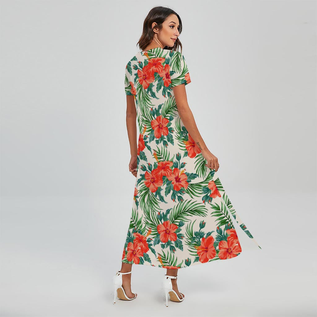 Tropical Hibiscus Blossom Pattern Print Short Sleeve Maxi Dress
