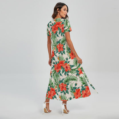 Tropical Hibiscus Blossom Pattern Print Short Sleeve Maxi Dress