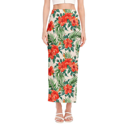 Tropical Hibiscus Blossom Pattern Print Side Slit Maxi Skirt
