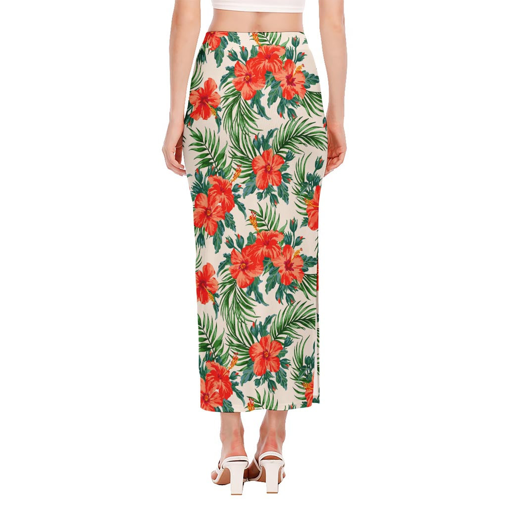 Tropical Hibiscus Blossom Pattern Print Side Slit Maxi Skirt