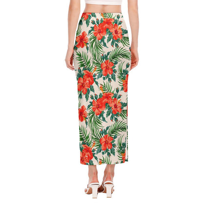 Tropical Hibiscus Blossom Pattern Print Side Slit Maxi Skirt