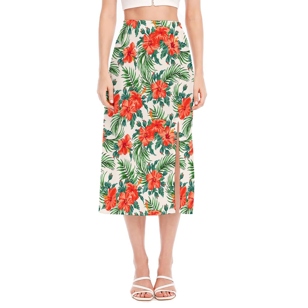Tropical Hibiscus Blossom Pattern Print Side Slit Midi Skirt