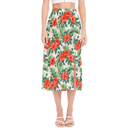 Tropical Hibiscus Blossom Pattern Print Side Slit Midi Skirt