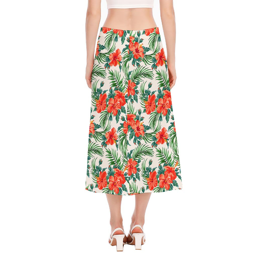 Tropical Hibiscus Blossom Pattern Print Side Slit Midi Skirt