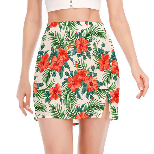 Tropical Hibiscus Blossom Pattern Print Side Slit Mini Skirt