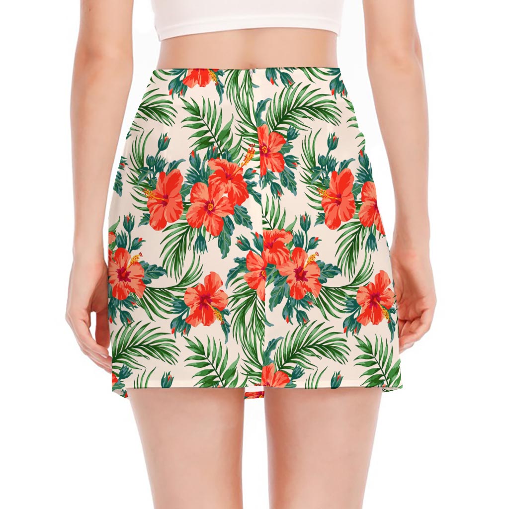 Tropical Hibiscus Blossom Pattern Print Side Slit Mini Skirt