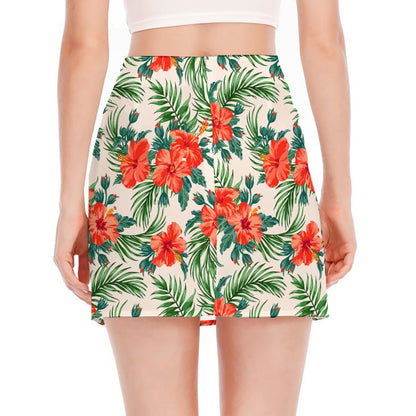 Tropical Hibiscus Blossom Pattern Print Side Slit Mini Skirt
