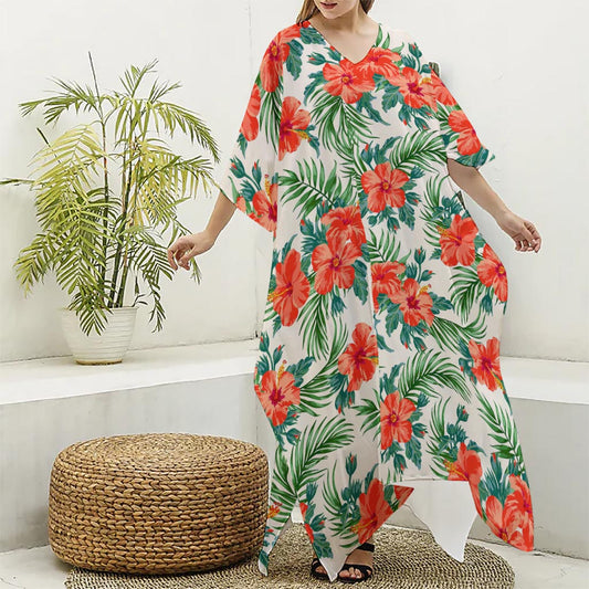 Tropical Hibiscus Blossom Pattern Print Silk V-Neck Kaftan Dress