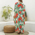 Tropical Hibiscus Blossom Pattern Print Silk V-Neck Kaftan Dress
