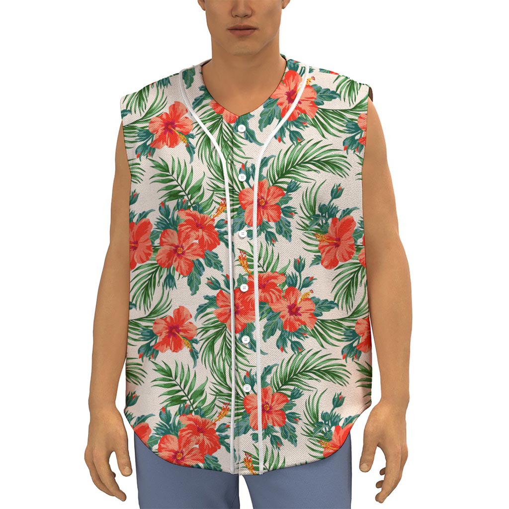 Tropical Hibiscus Blossom Pattern Print Sleeveless Baseball Jersey