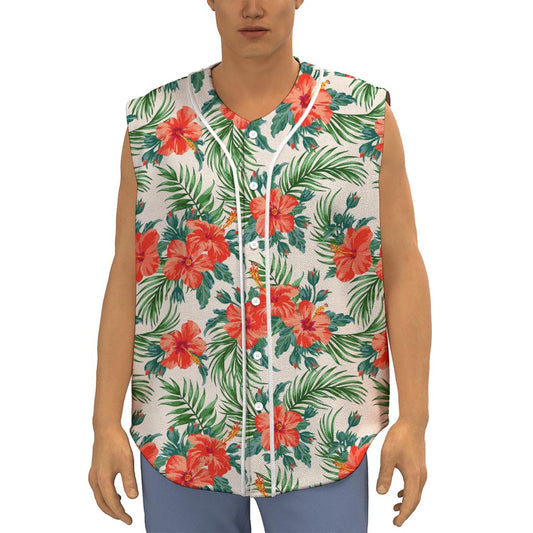 Tropical Hibiscus Blossom Pattern Print Sleeveless Baseball Jersey