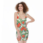 Tropical Hibiscus Blossom Pattern Print Sleeveless Bodycon Dress