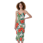Tropical Hibiscus Blossom Pattern Print Slim Fit Midi Cami Dress