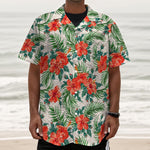 Tropical Hibiscus Blossom Pattern Print Textured Short Sleeve Shirt