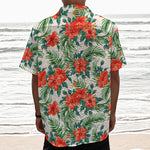 Tropical Hibiscus Blossom Pattern Print Textured Short Sleeve Shirt