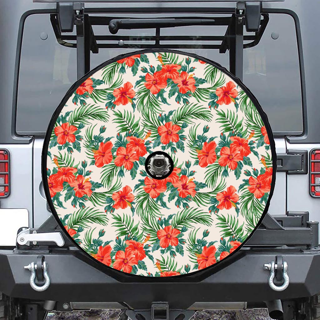 Tropical Hibiscus Blossom Pattern Print Tire Cover With Camera Hole