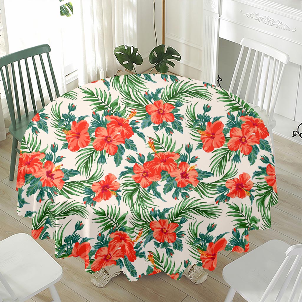 Tropical Hibiscus Blossom Pattern Print Waterproof Round Tablecloth