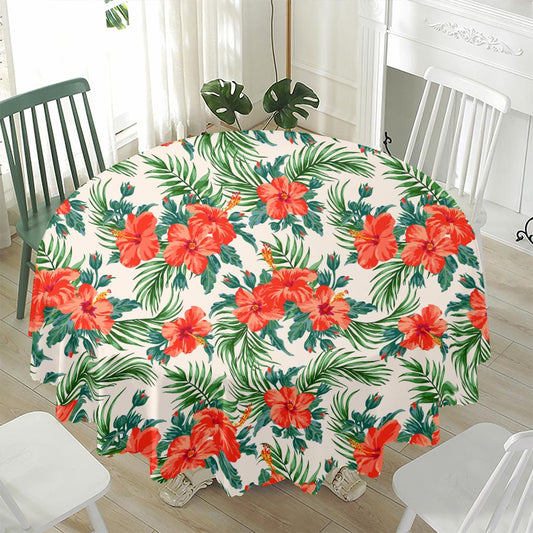 Tropical Hibiscus Blossom Pattern Print Waterproof Round Tablecloth