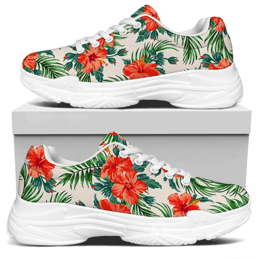 Tropical Hibiscus Blossom Pattern Print White Chunky Shoes