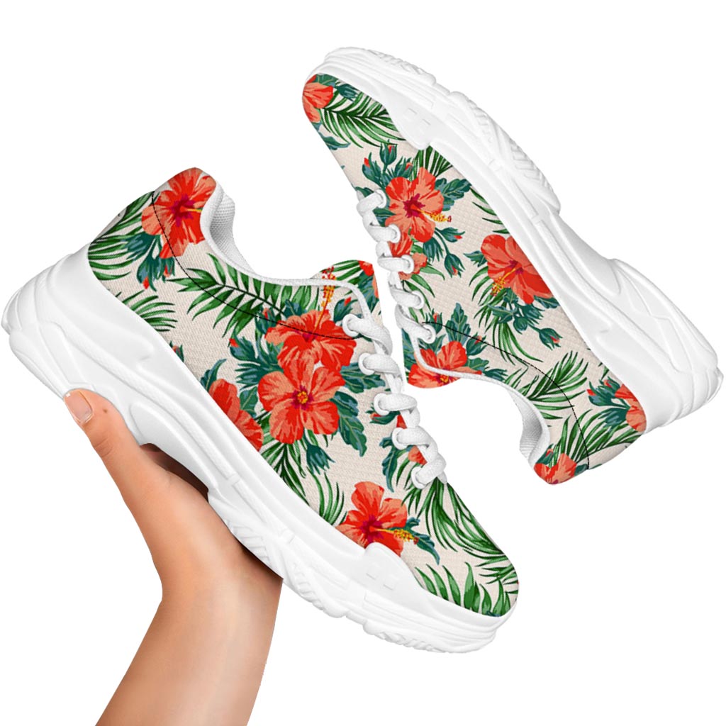 Tropical Hibiscus Blossom Pattern Print White Chunky Shoes