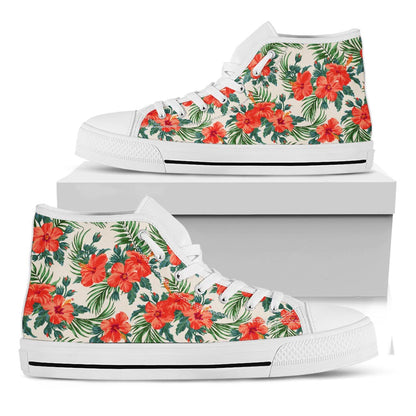 Tropical Hibiscus Blossom Pattern Print White High Top Sneakers