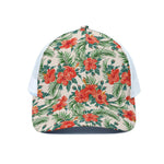 Tropical Hibiscus Blossom Pattern Print White Mesh Trucker Cap