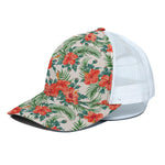 Tropical Hibiscus Blossom Pattern Print White Mesh Trucker Cap