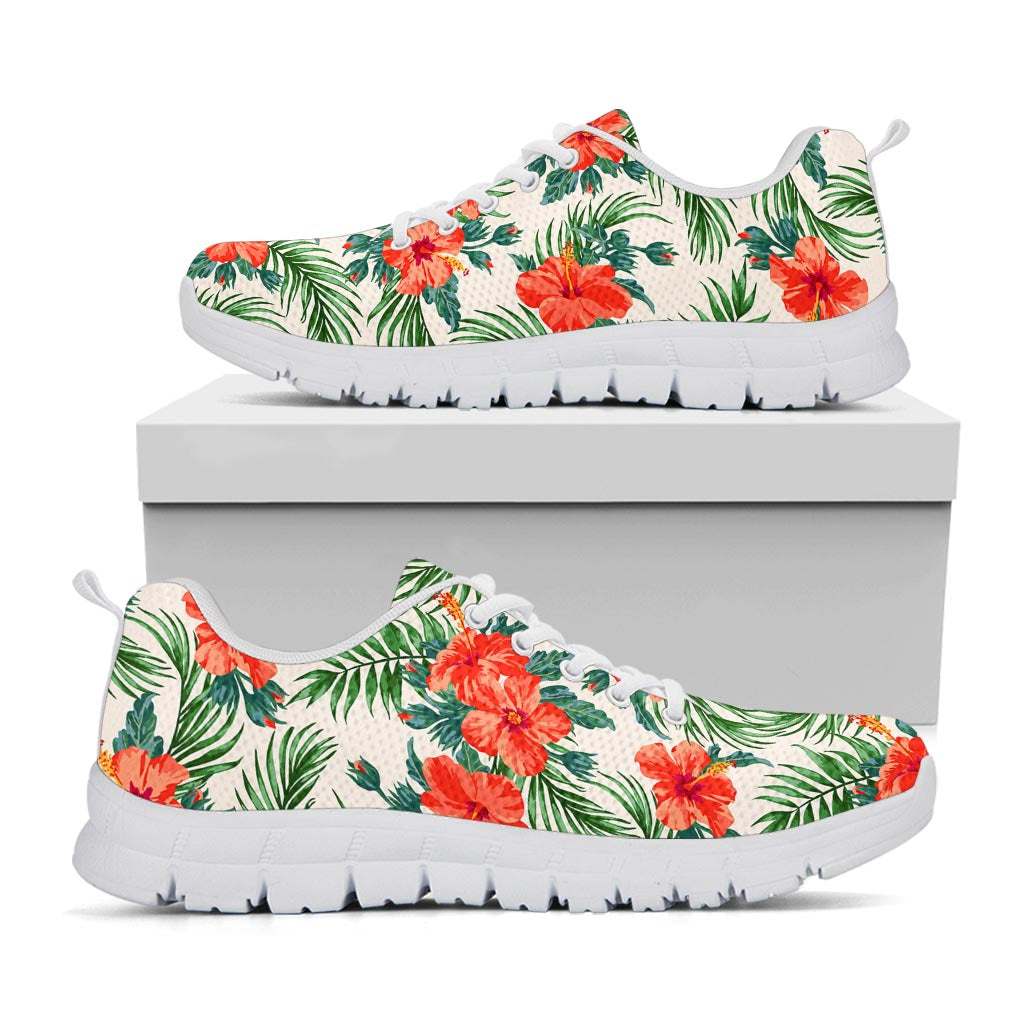 Tropical Hibiscus Blossom Pattern Print White Running Shoes