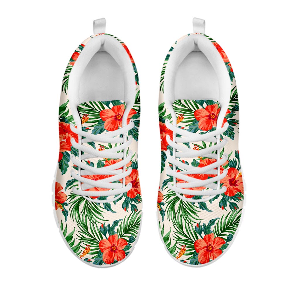 Tropical Hibiscus Blossom Pattern Print White Running Shoes