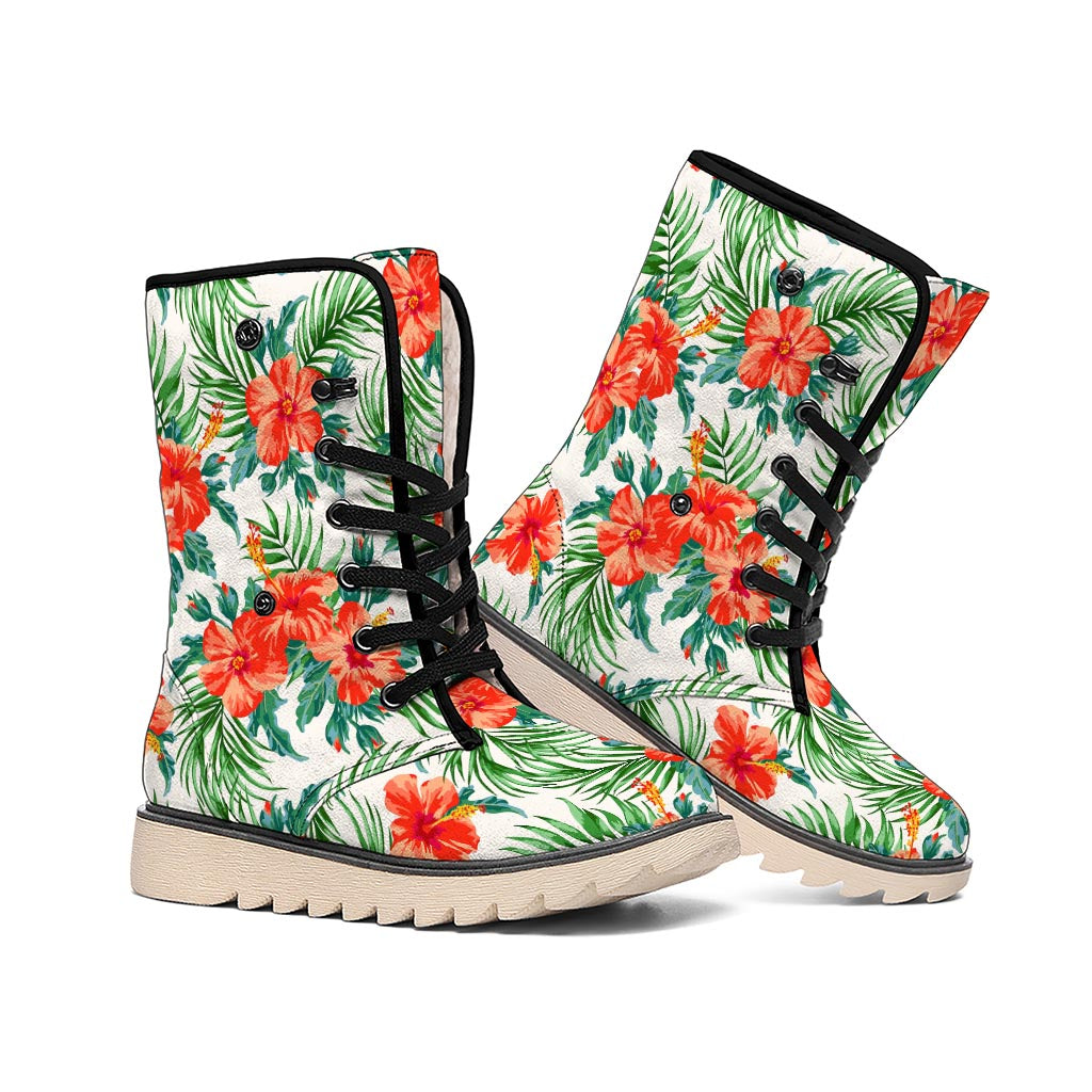 Tropical Hibiscus Blossom Pattern Print Winter Boots