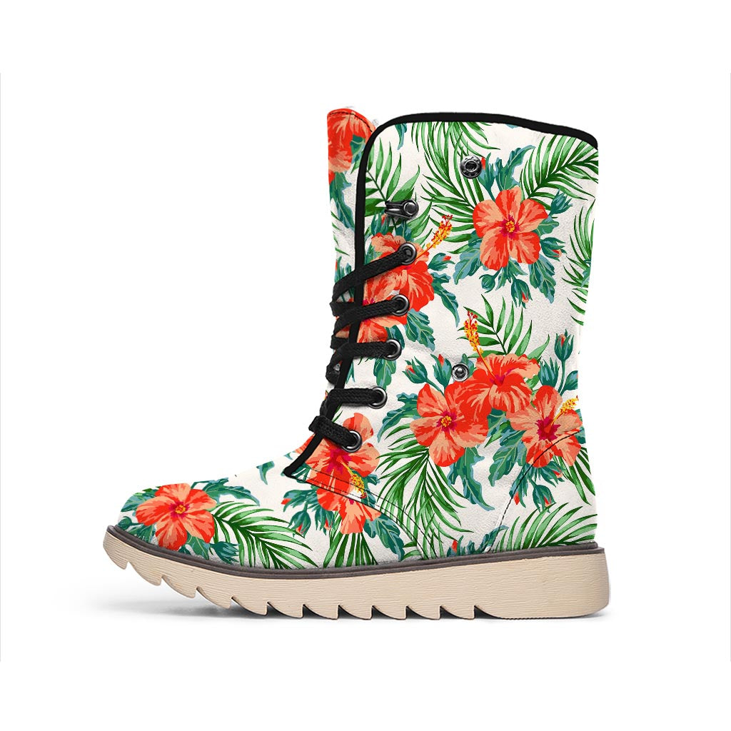 Tropical Hibiscus Blossom Pattern Print Winter Boots