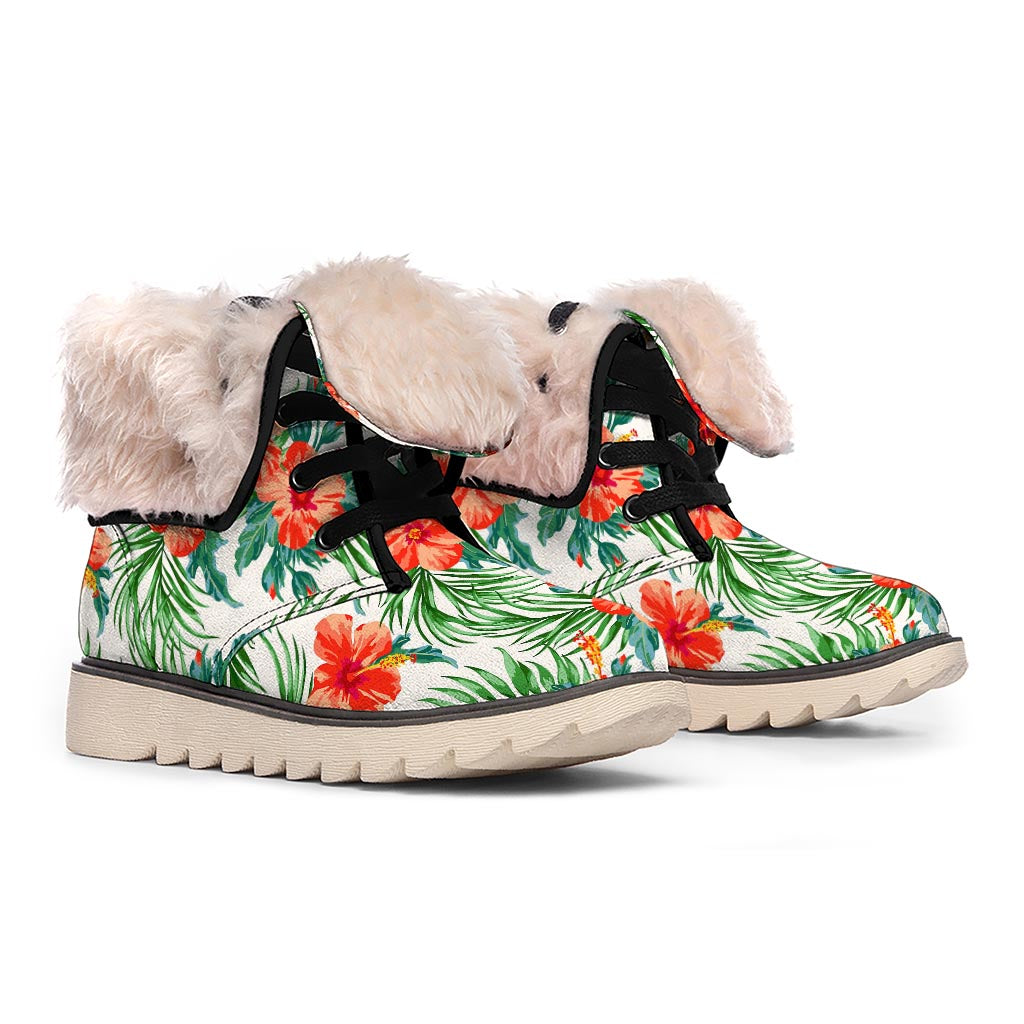 Tropical Hibiscus Blossom Pattern Print Winter Boots