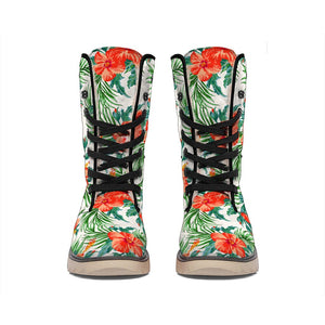 Tropical Hibiscus Blossom Pattern Print Winter Boots