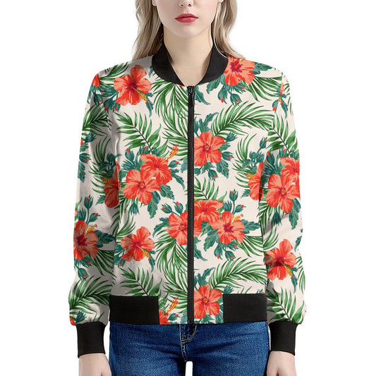 Tropical Hibiscus Blossom Pattern Print Women's Bomber Jacket