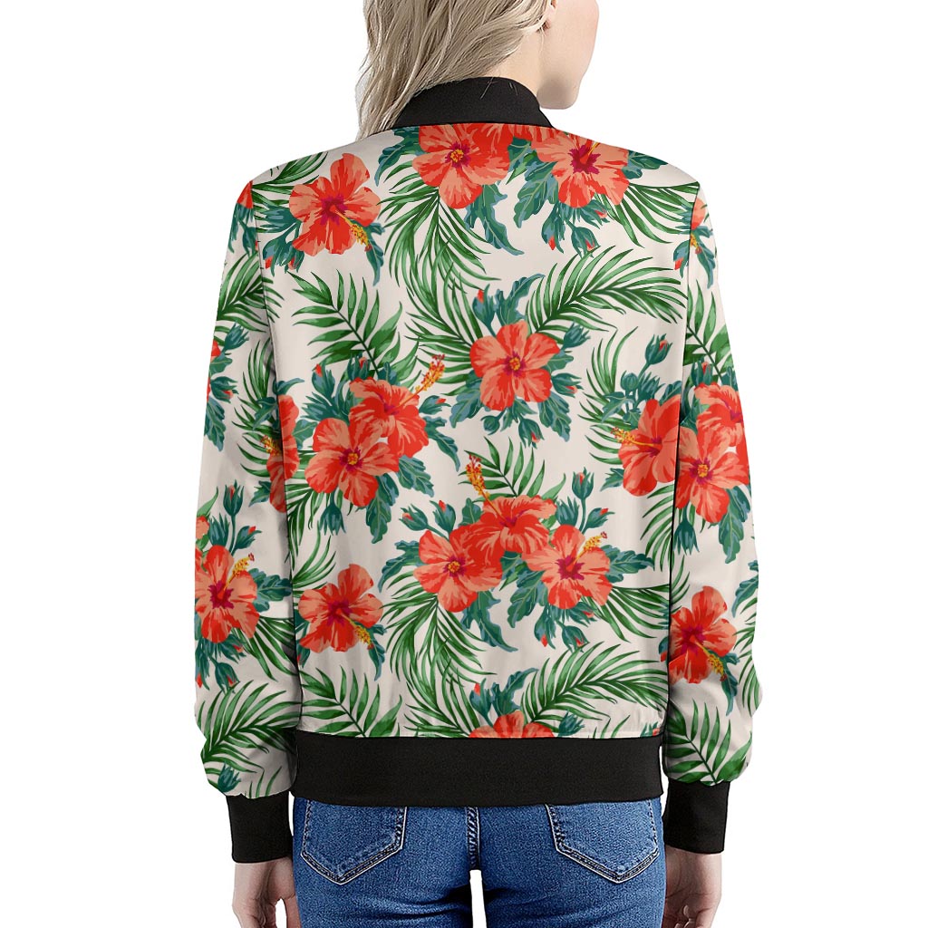 Tropical Hibiscus Blossom Pattern Print Women's Bomber Jacket