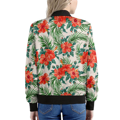 Tropical Hibiscus Blossom Pattern Print Women's Bomber Jacket